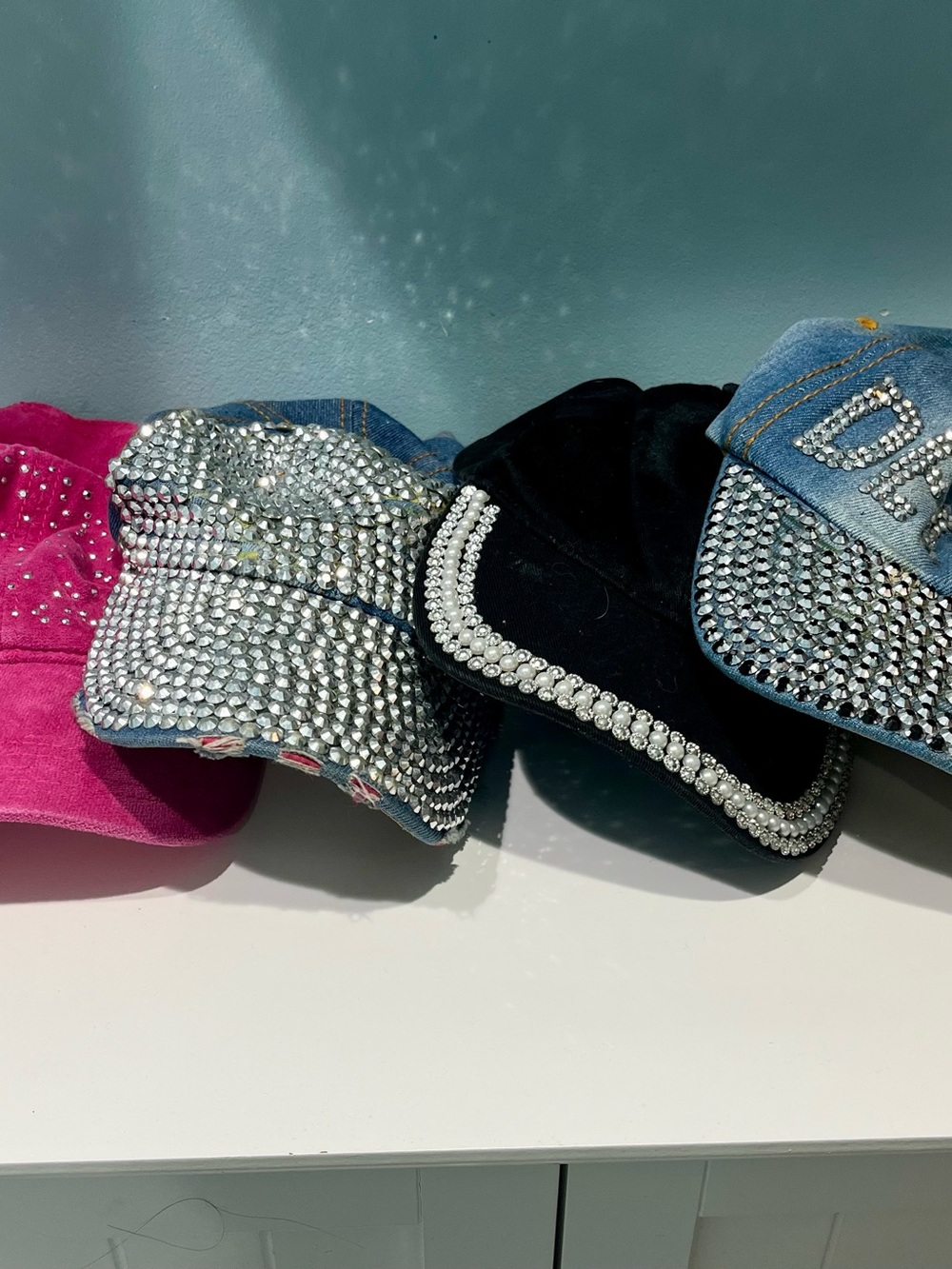 Multiple (4) Rhinestone Embellished Velvet and Denim Baseball Cap - Black Pink